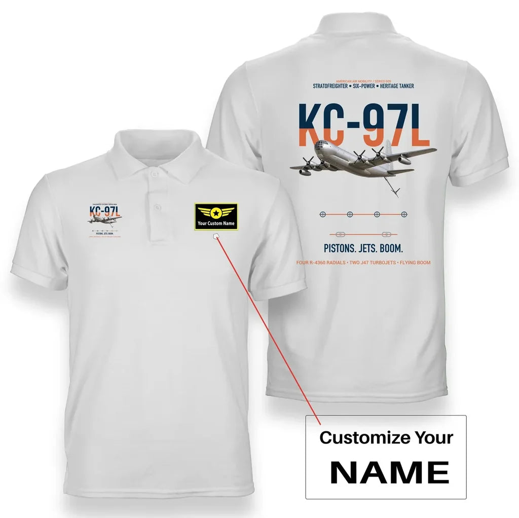 KC-97L STRATOFREIGHTER design on white+name double-side polo t-shirt, double-side print