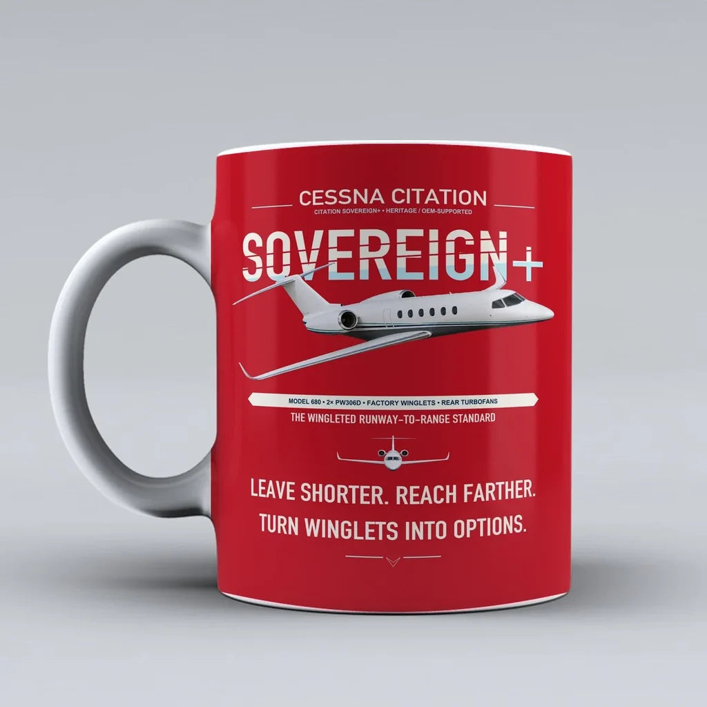 Cessna Citation Sovereign+ design on red ceramic mug, double-side print