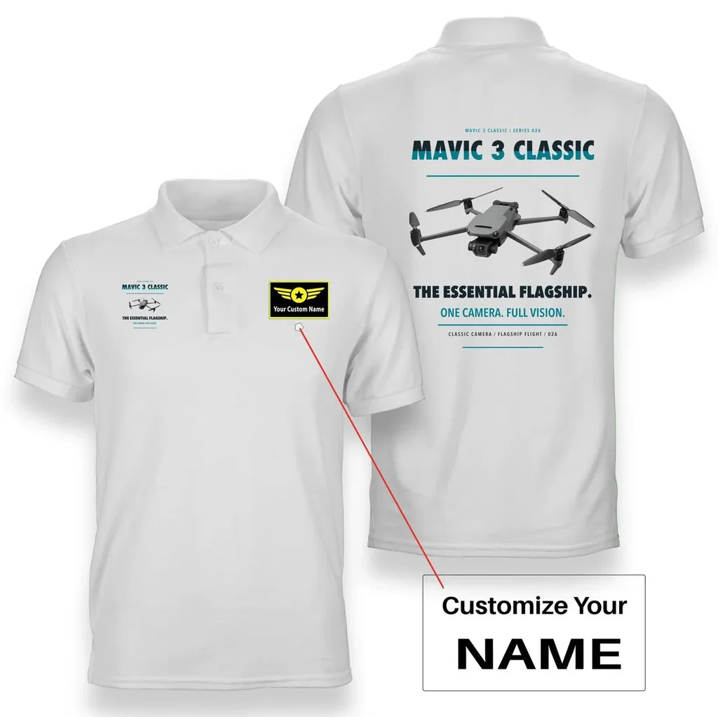 DJI Mavic 3 Classic design on white polo with custom name badge