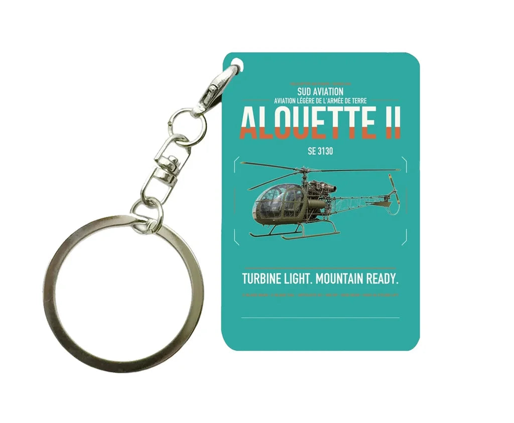 Sud Aviation SE 3130 Alouette II design on turquoise designed key chain, double-side print