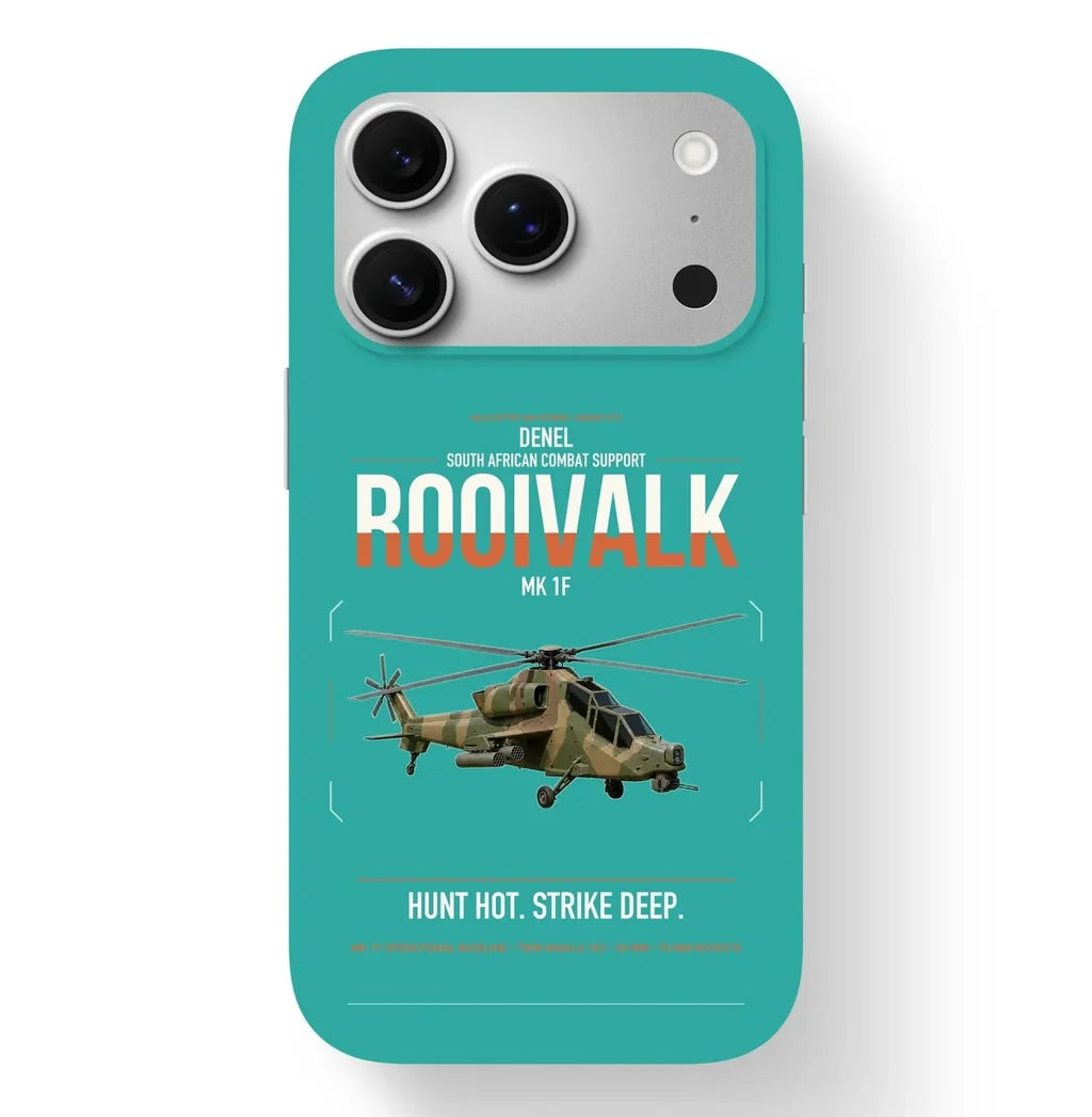 Denel Rooivalk Mk 1F design on turquoise magsafe iphone case, for iPhone 17 Pro