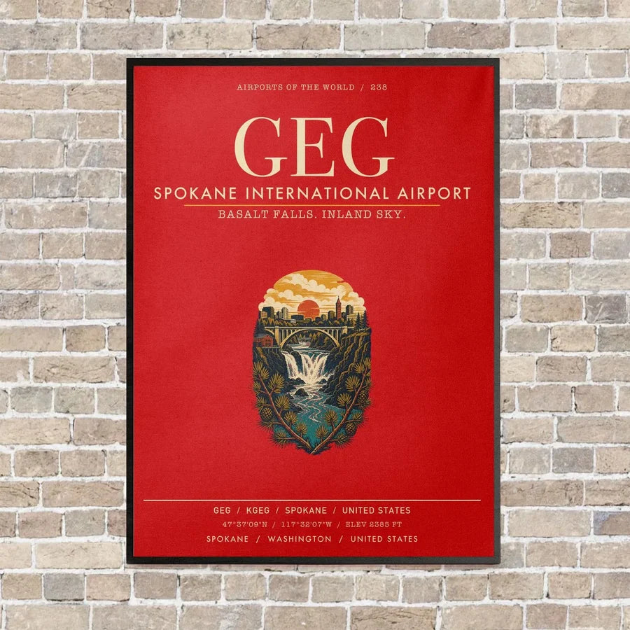 Spokane International Airport GEG vertical canvas print - framed - red background