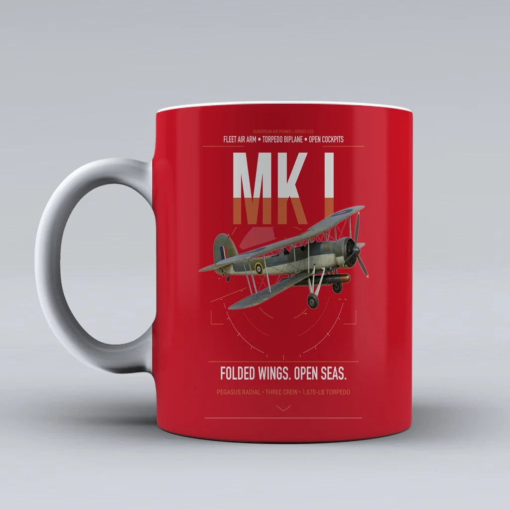 Fairey Swordfish Mk I design on red ceramic mug, double-side print