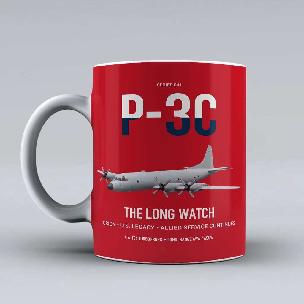 P-3C Orion design on red ceramic mug, double-side print