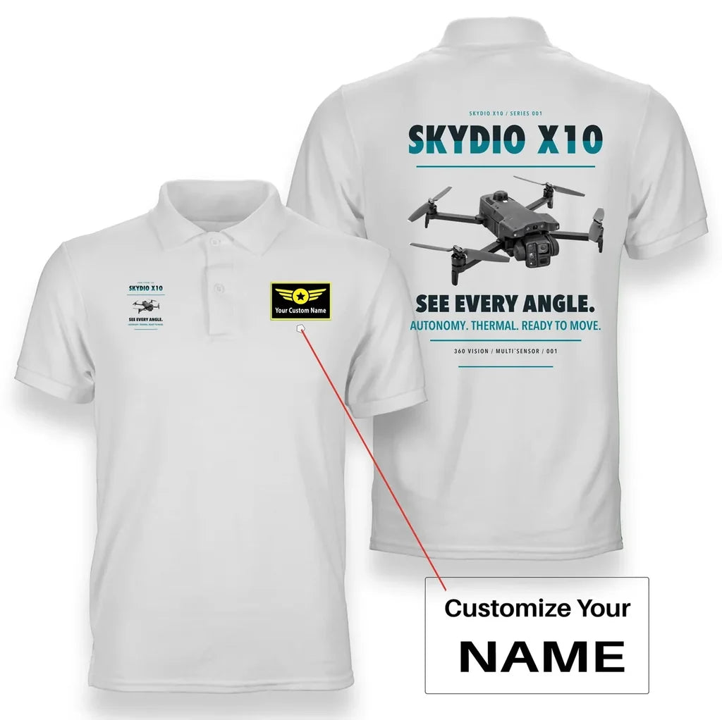 Skydio X10 design on white polo with custom name badge