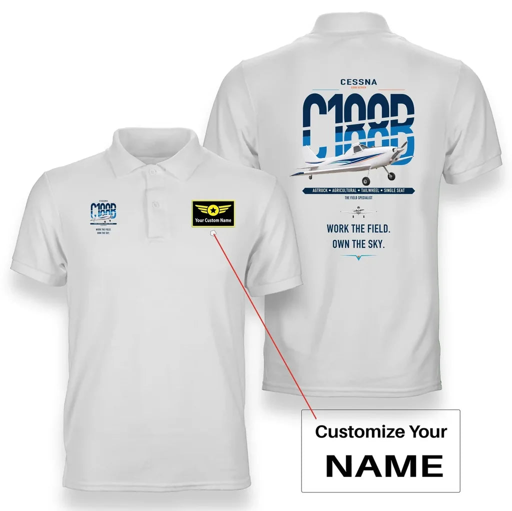 Cessna A188B AgTruck design on white+name double-side polo t-shirt, double-side print
