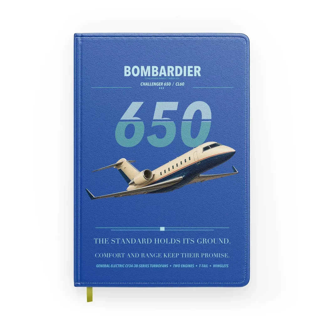 Bombardier Challenger 650 design on blue notebook