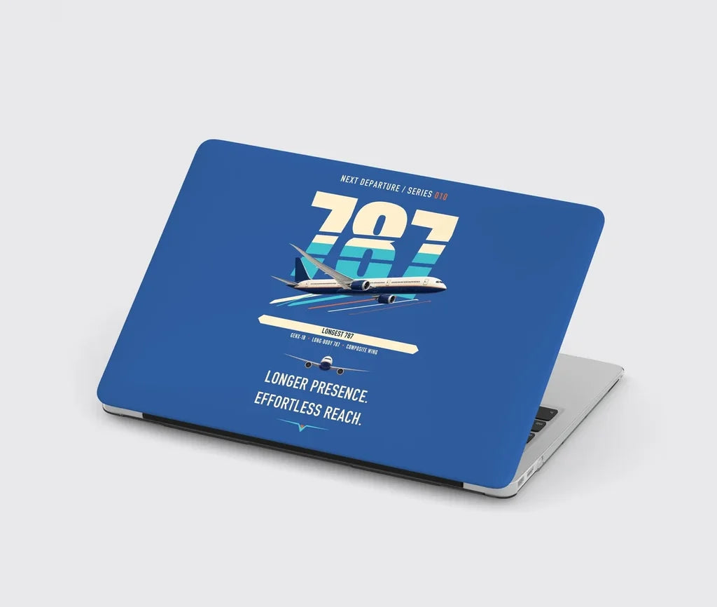 Boeing 787-10 Dreamliner design on blue MacBook case