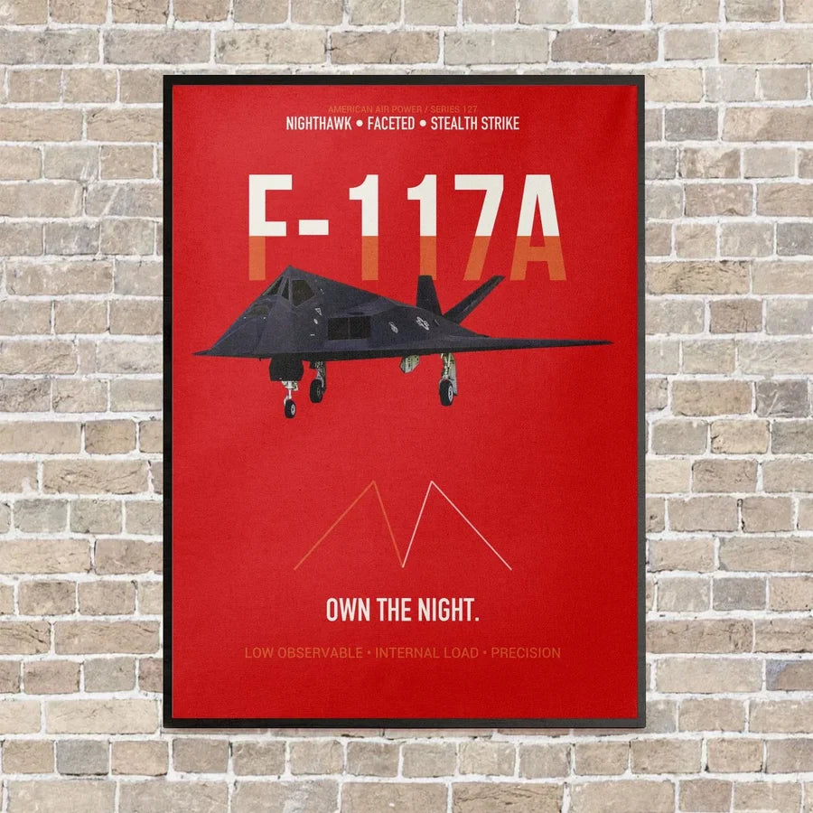 F-117A Nighthawk Own The Night vertical canvas print - framed - red background