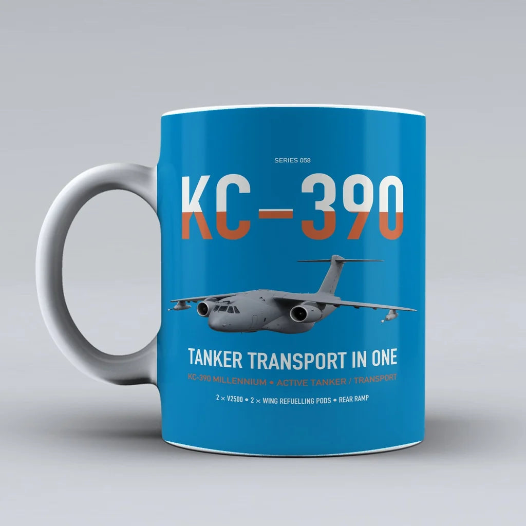 Embraer KC-390 Millennium design on turquoise ceramic mug, double-side print