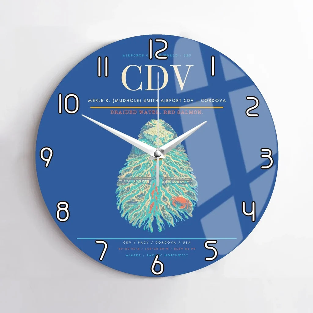 Merle K. (Mudhole) Smith Airport (CDV) design on blue no frame wall clock