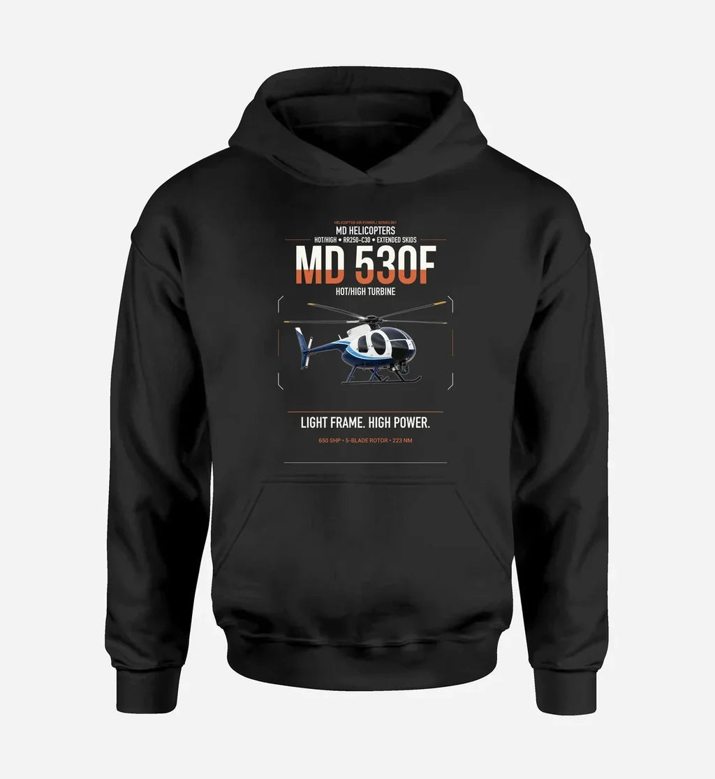 MD Helicopters MD 530F design on black double-side hoodie, single-side print