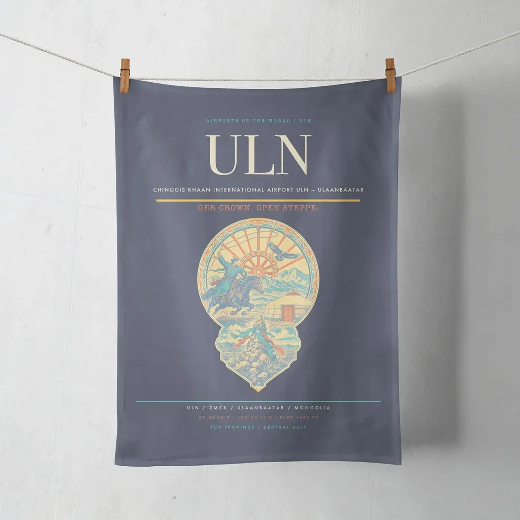 Chinggis Khaan International Airport (ULN) design on navy blue towel