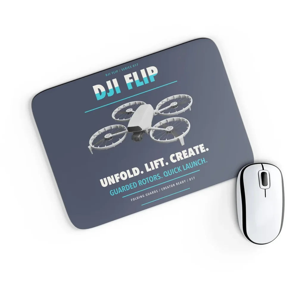 DJI Flip design on navy blue rectangle mouse pad