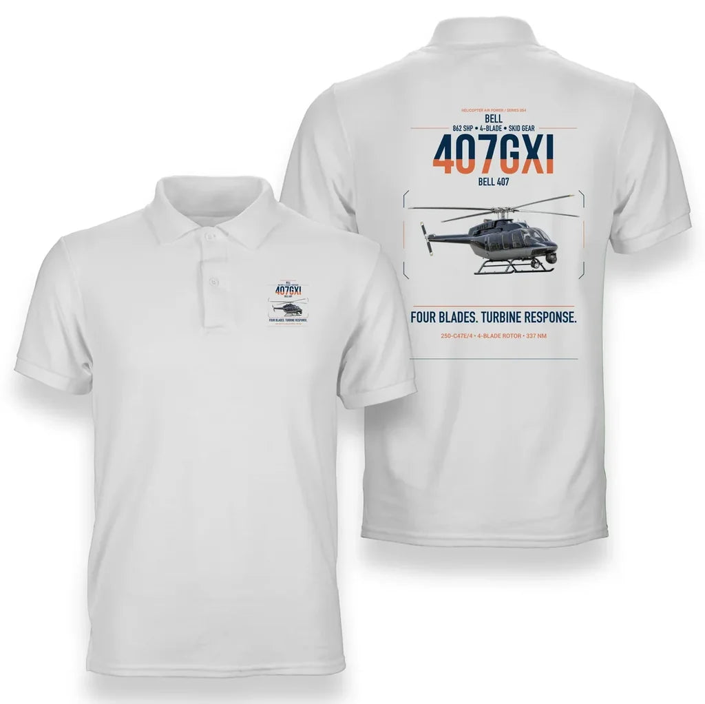 Bell 407GXi design on white double-side polo t-shirt, double-side print