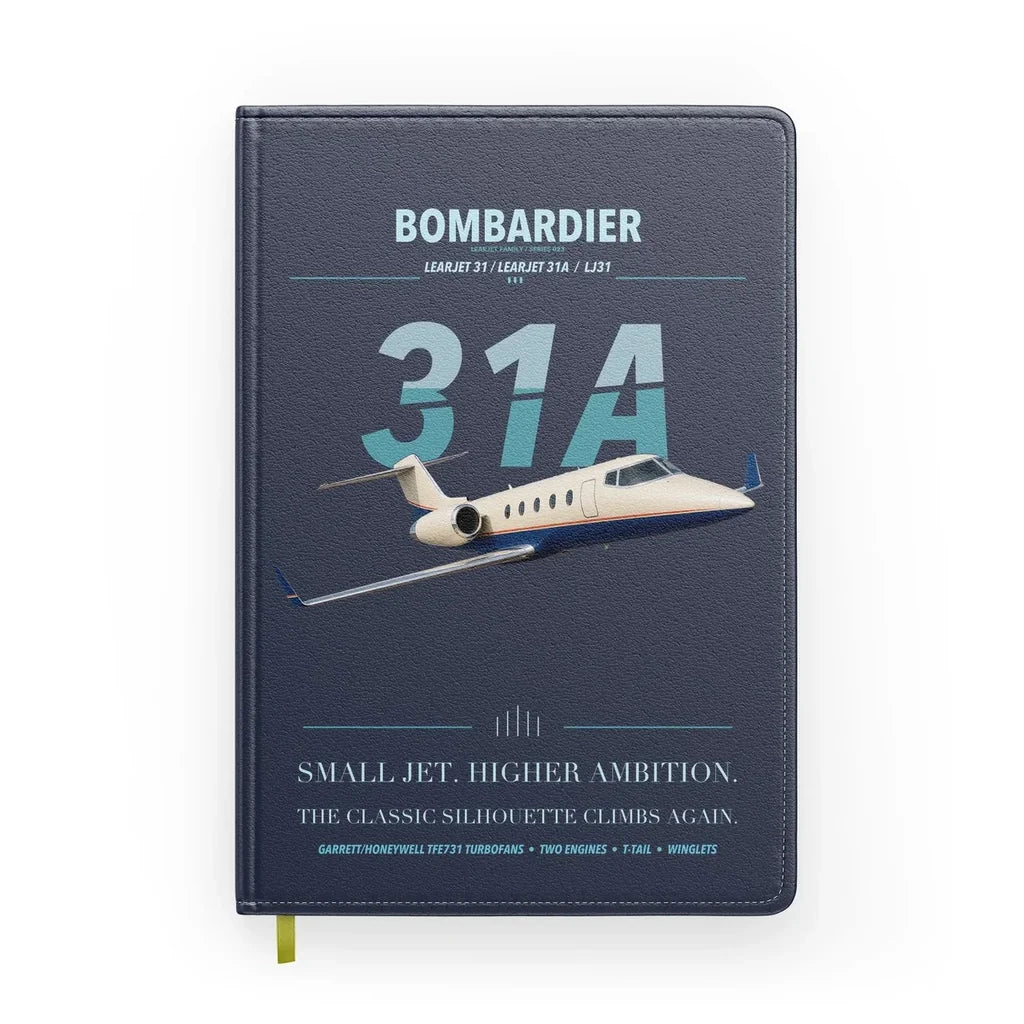 Bombardier Learjet 31A design on navy blue notebook
