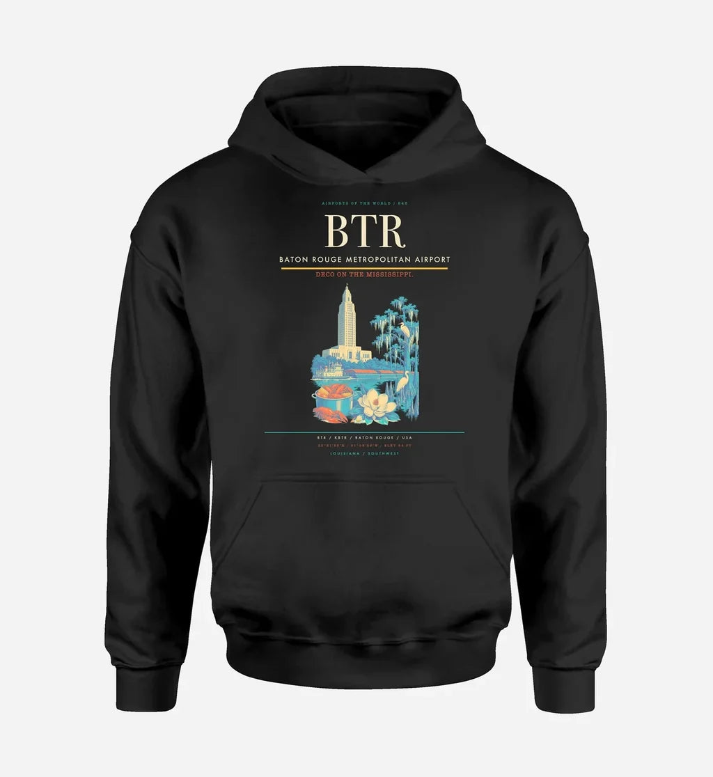 Baton Rouge Metropolitan Airport (BTR) design on black hoodie single-side print