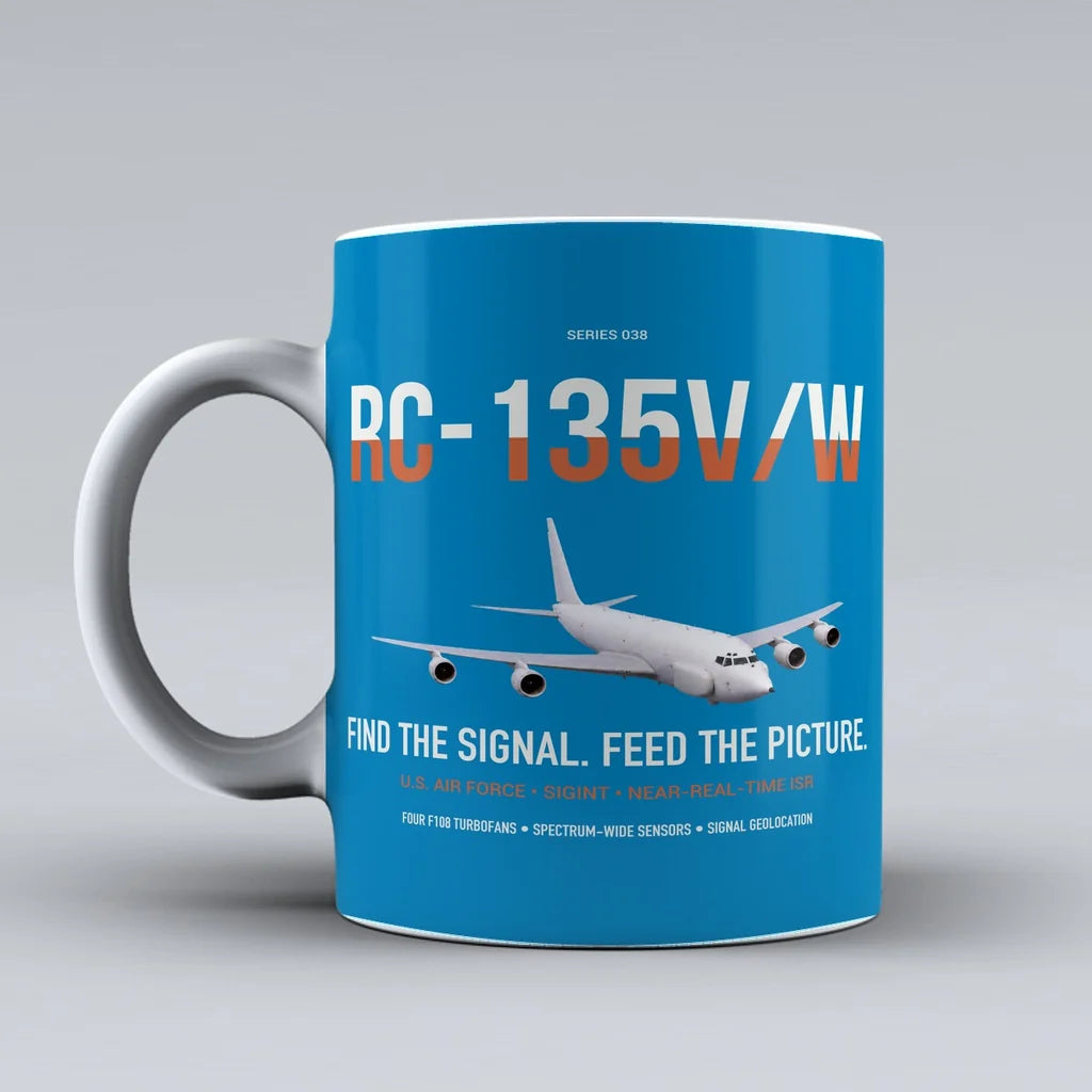 RC-135V W Rivet Joint design on turquoise ceramic mug, double-side print