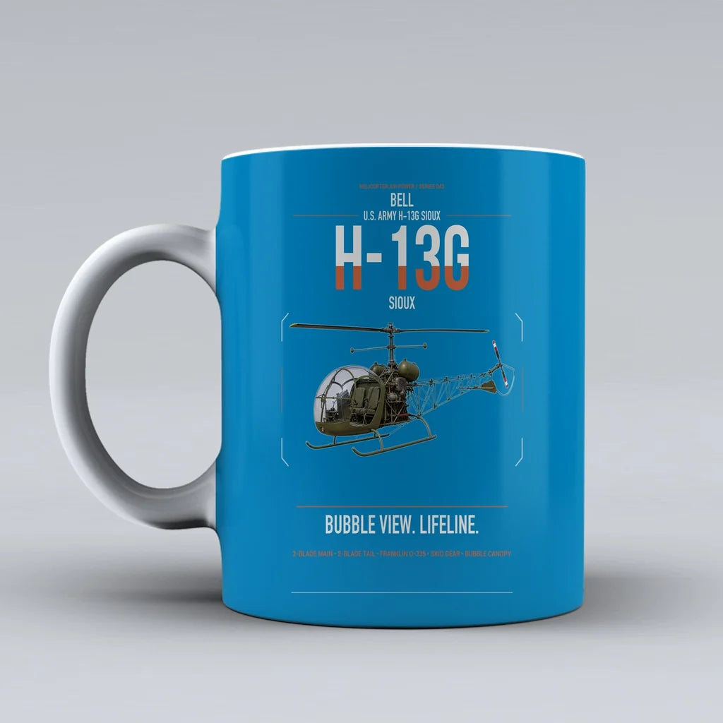 Bell H-13G Sioux design on turquoise ceramic mug, double-side print