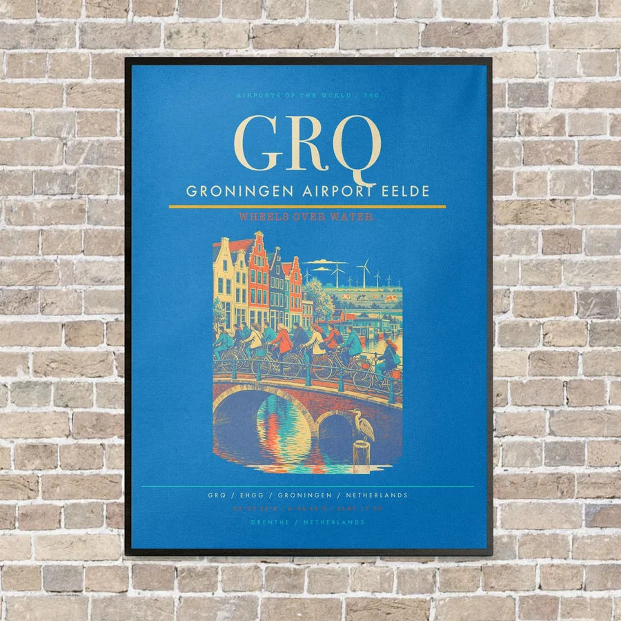 Groningen Airport Eelde GRQ vertical canvas print - framed - turquoise background