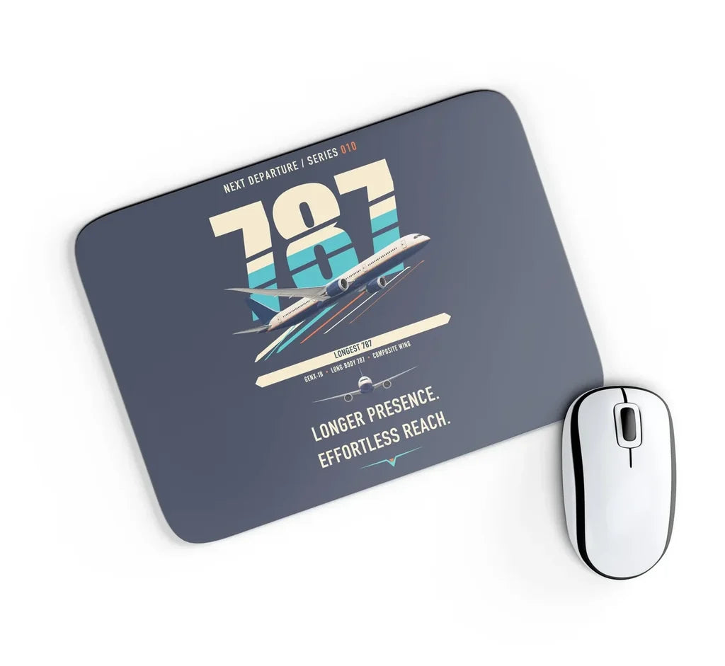 Boeing 787-10 Dreamliner design on navy blue rectangle mouse pad