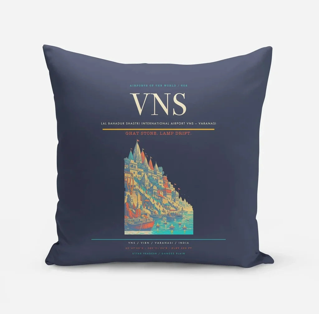 Lal Bahadur Shastri International Airport (VNS) design on navy blue pillow