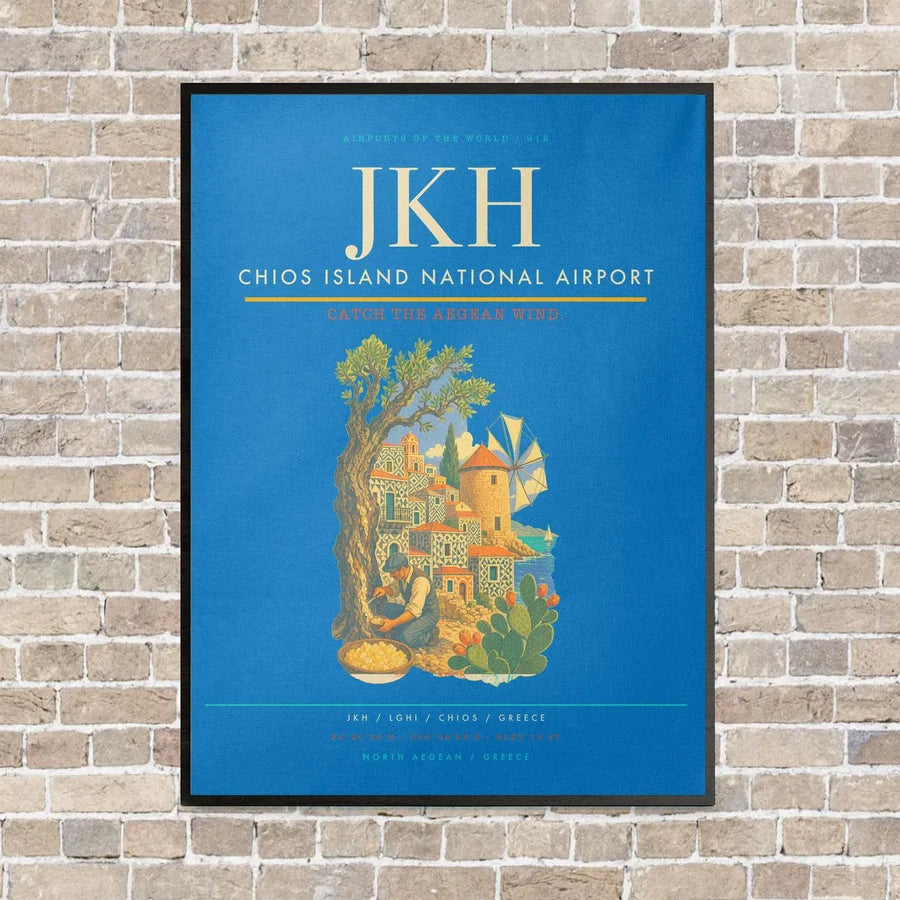 Chios Island National Airport JKH vertical canvas print - framed - turquoise background