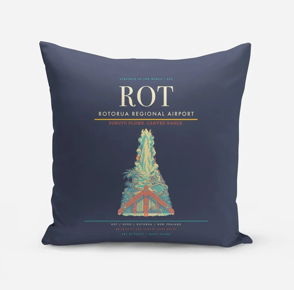 Rotorua Regional Airport (ROT) design on navy blue pillow