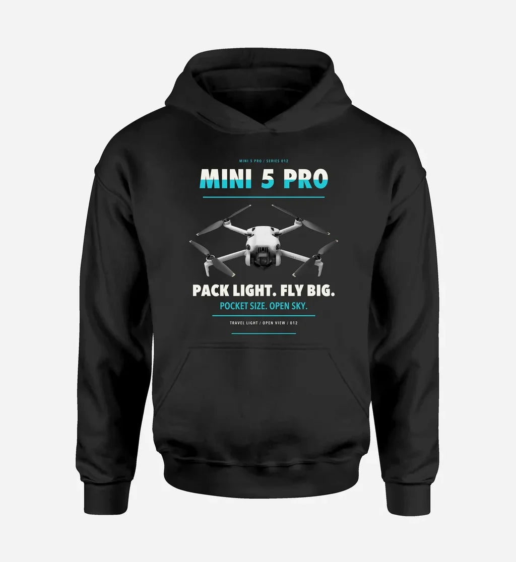 DJI Mini 5 Pro design on black hoodie single side