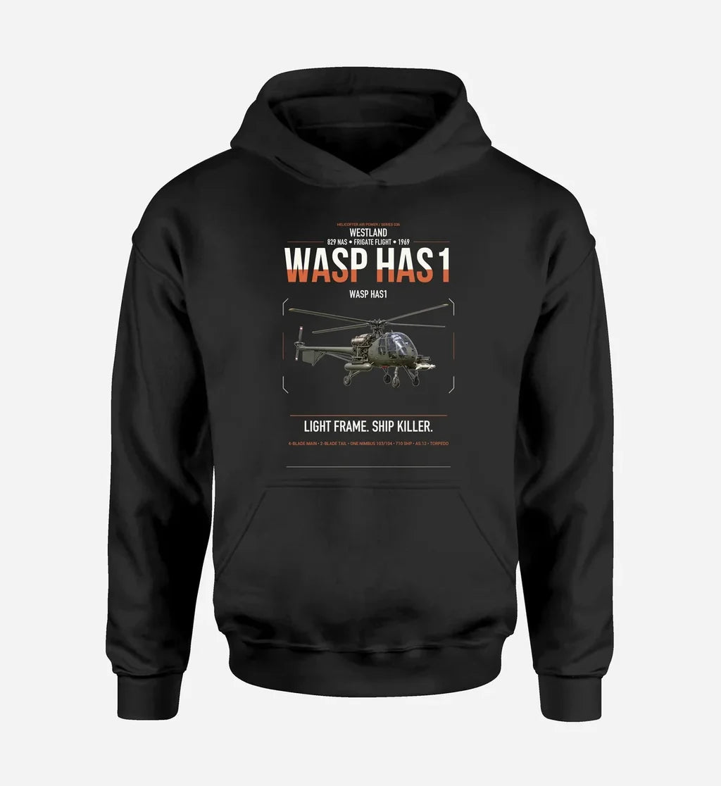Westland Wasp HAS1 design on black double-side hoodie, single-side print