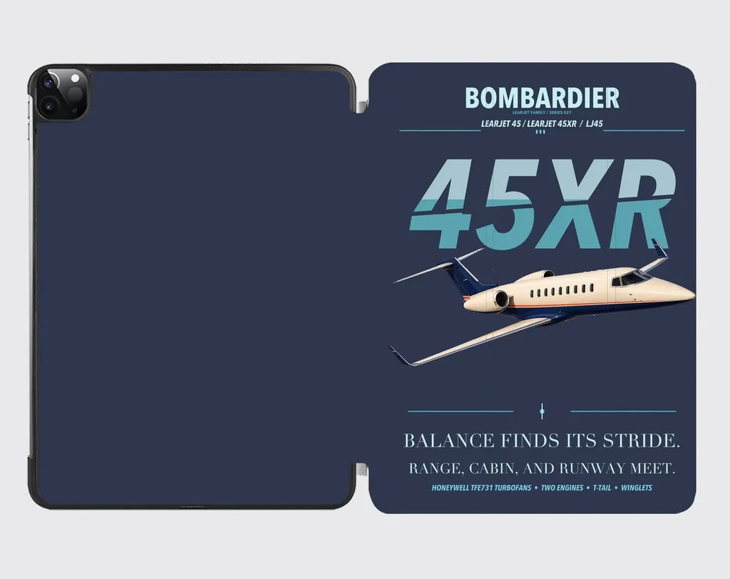 Bombardier Learjet 45XR design on navy blue ipad tablet case