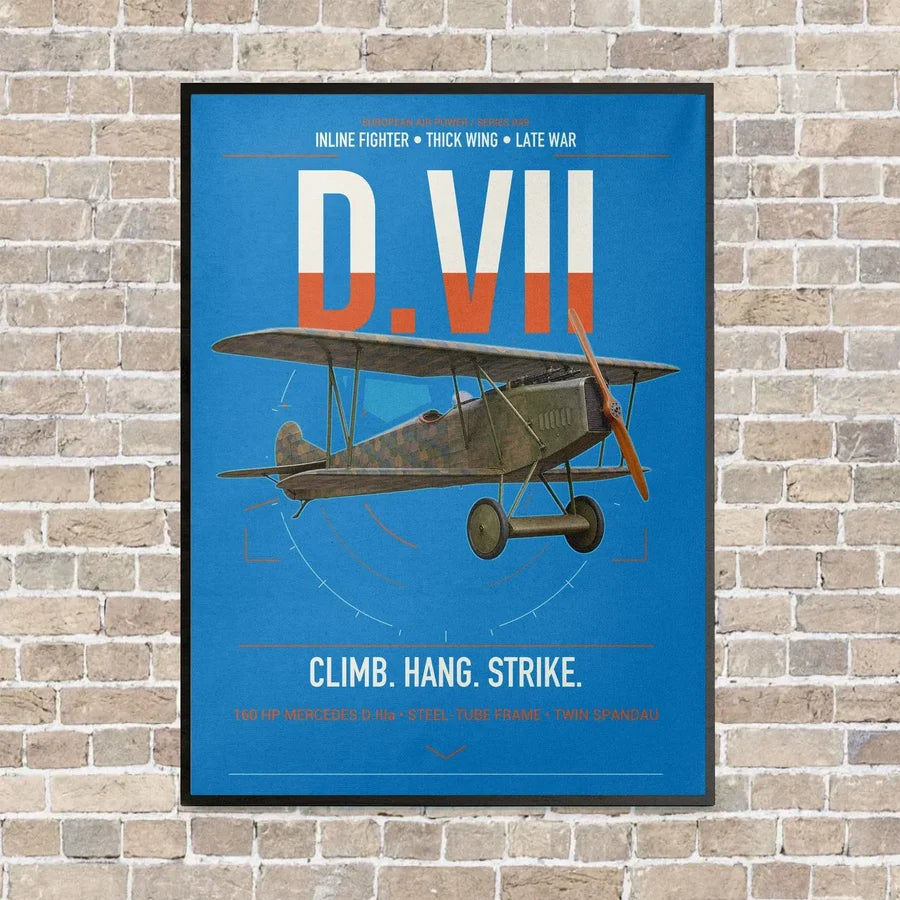 Fokker D.VII vertical canvas print - framed - turquoise background