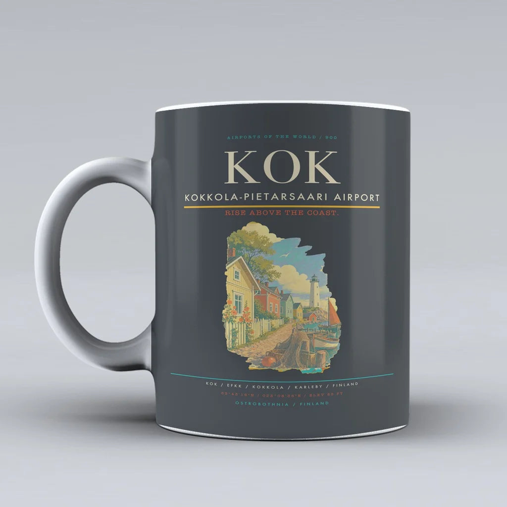 Kokkola-Pietarsaari Airport (KOK) airport code design on gray ceramic mug