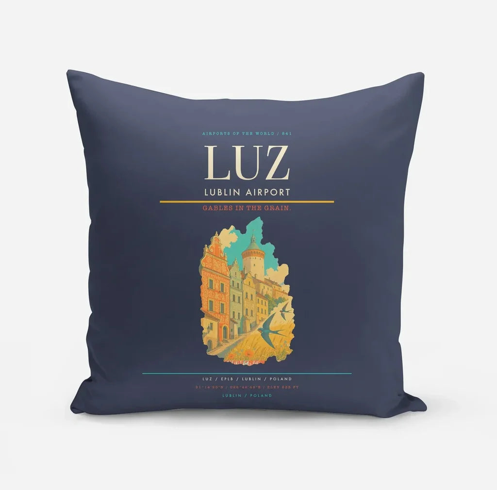 Lublin Airport (LUZ) design on navy blue pillow