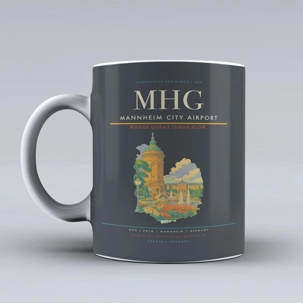 Mannheim City Airport (MHG) airport code design on gray ceramic mug