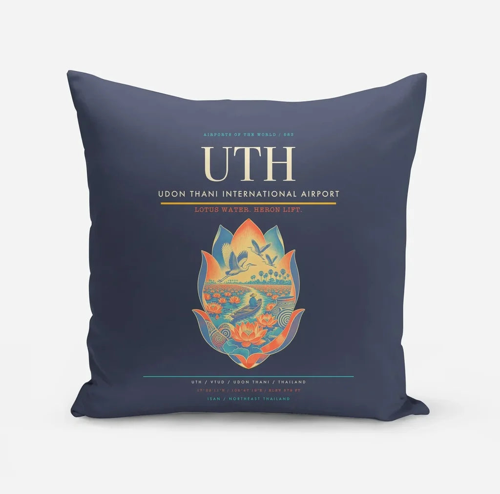 Udon Thani International Airport (UTH) design on navy blue pillow