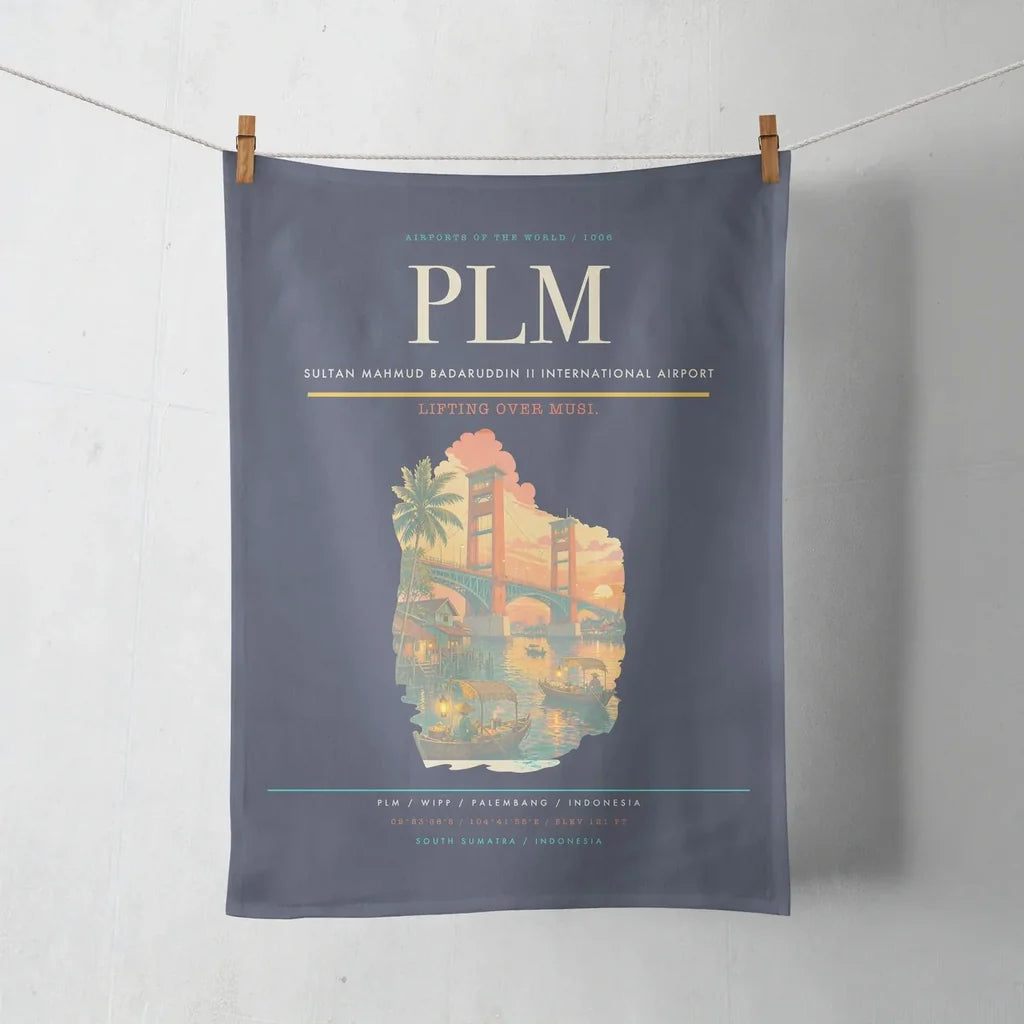 Sultan Mahmud Badaruddin II International Airport (PLM) design on navy blue towel