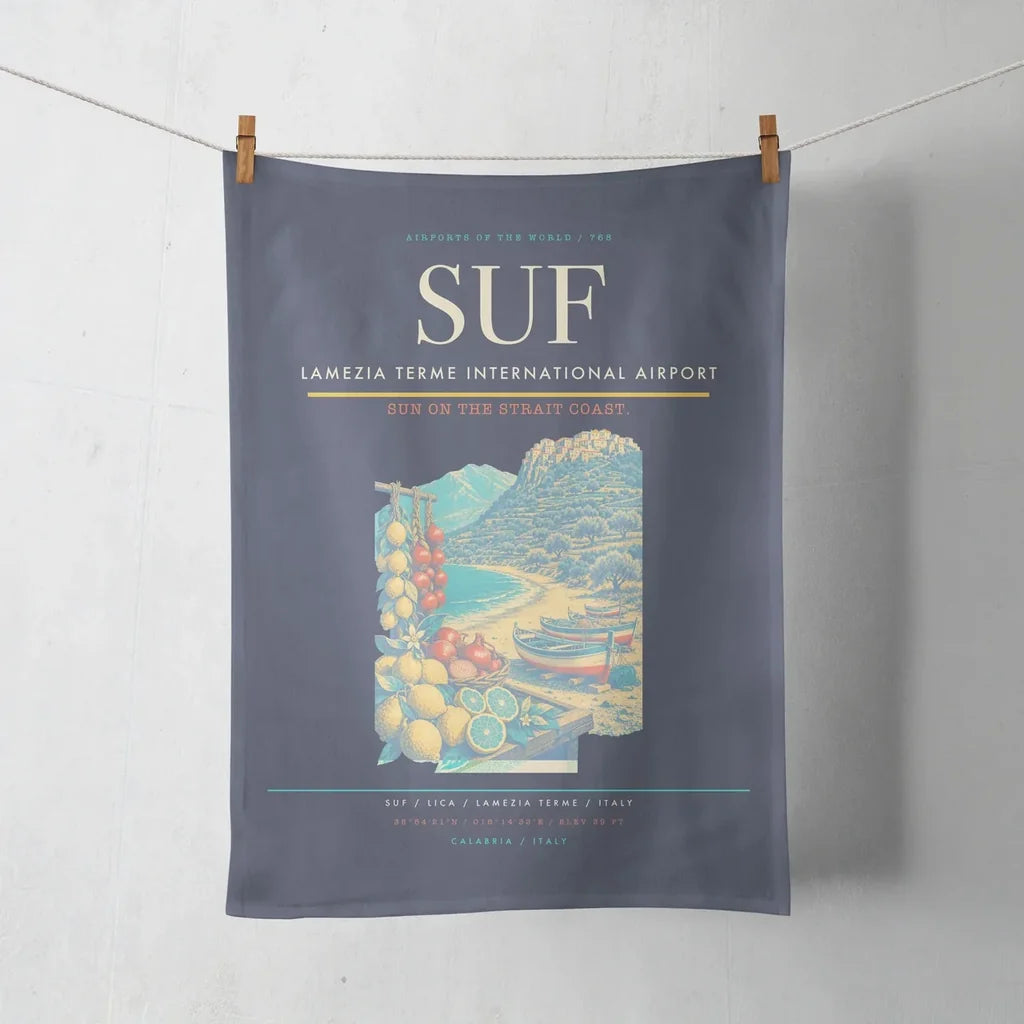 Lamezia Terme International Airport (SUF) design on navy blue towel