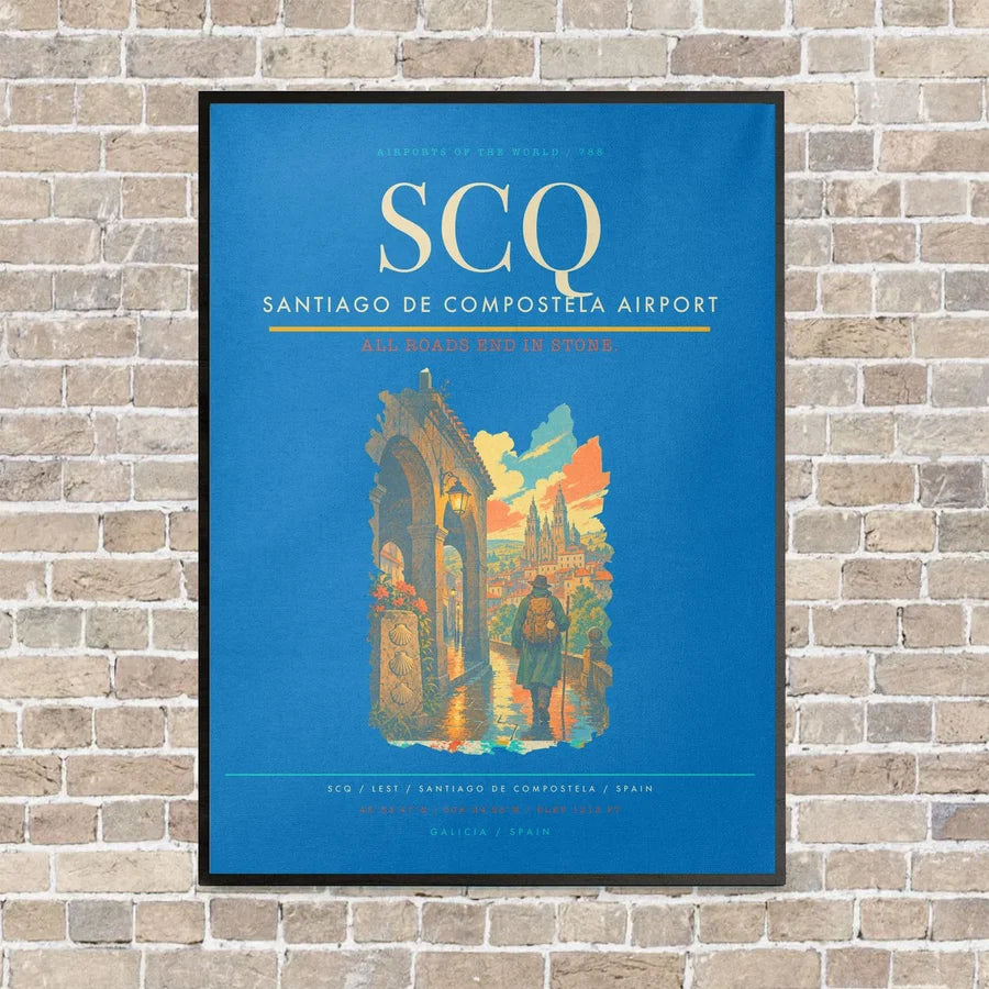 Santiago de Compostela Airport SCQ vertical canvas print - framed - turquoise background