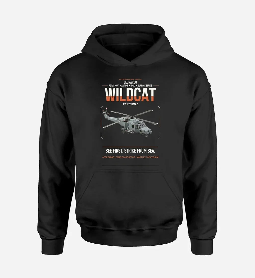 Leonardo AW159 Wildcat HMA2 design on black double-side hoodie, single-side print