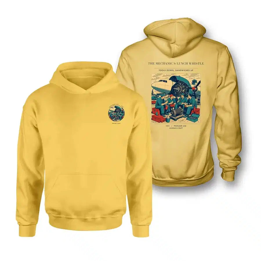 VINTAGE G4452 - The Mechanic's Lunch Whistle - Double-Side Hoodie design on yellow double side