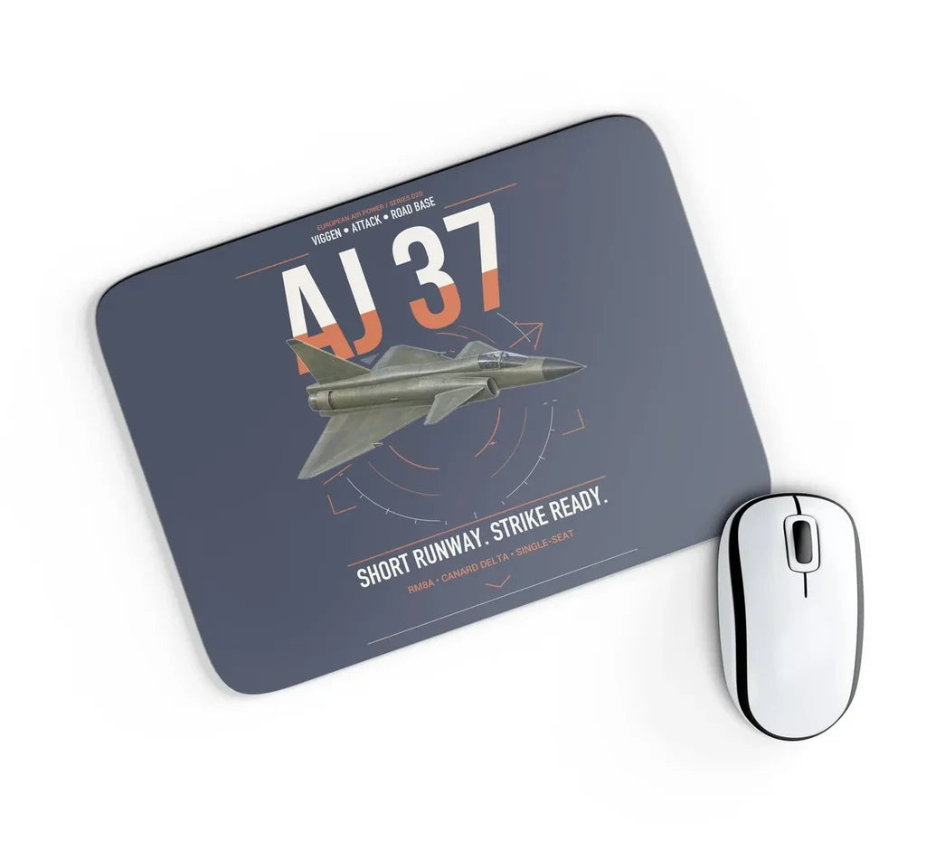 Saab AJ 37 Viggen design on navy blue rectangle mouse pad