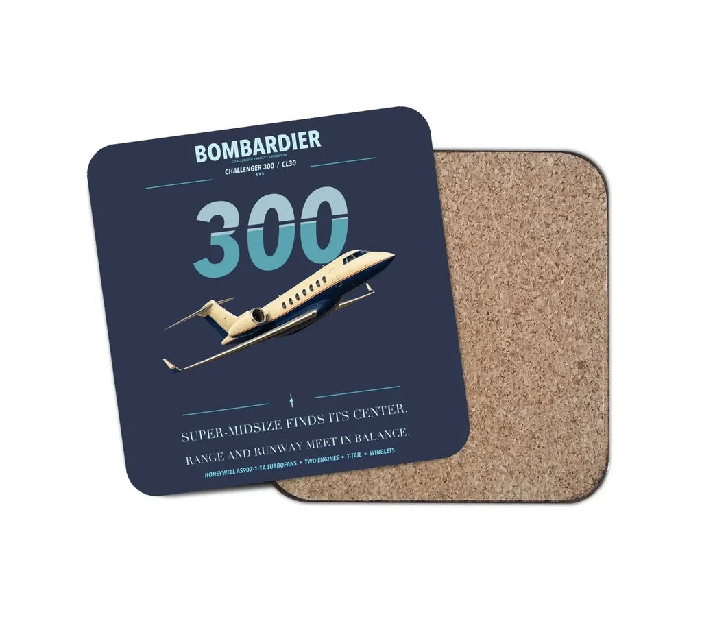 Bombardier Challenger 300 design on navy blue 1 piece coaster