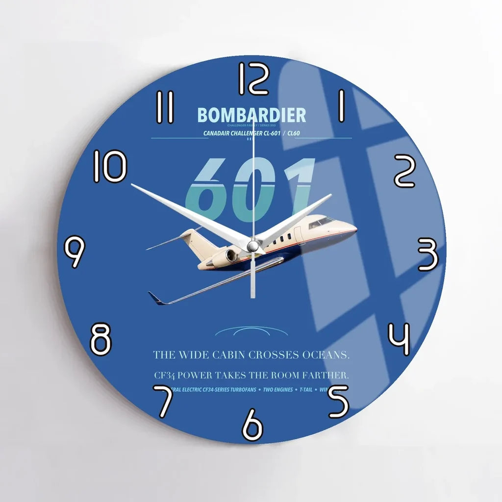 Bombardier Challenger 601 design on blue no frame wall clock