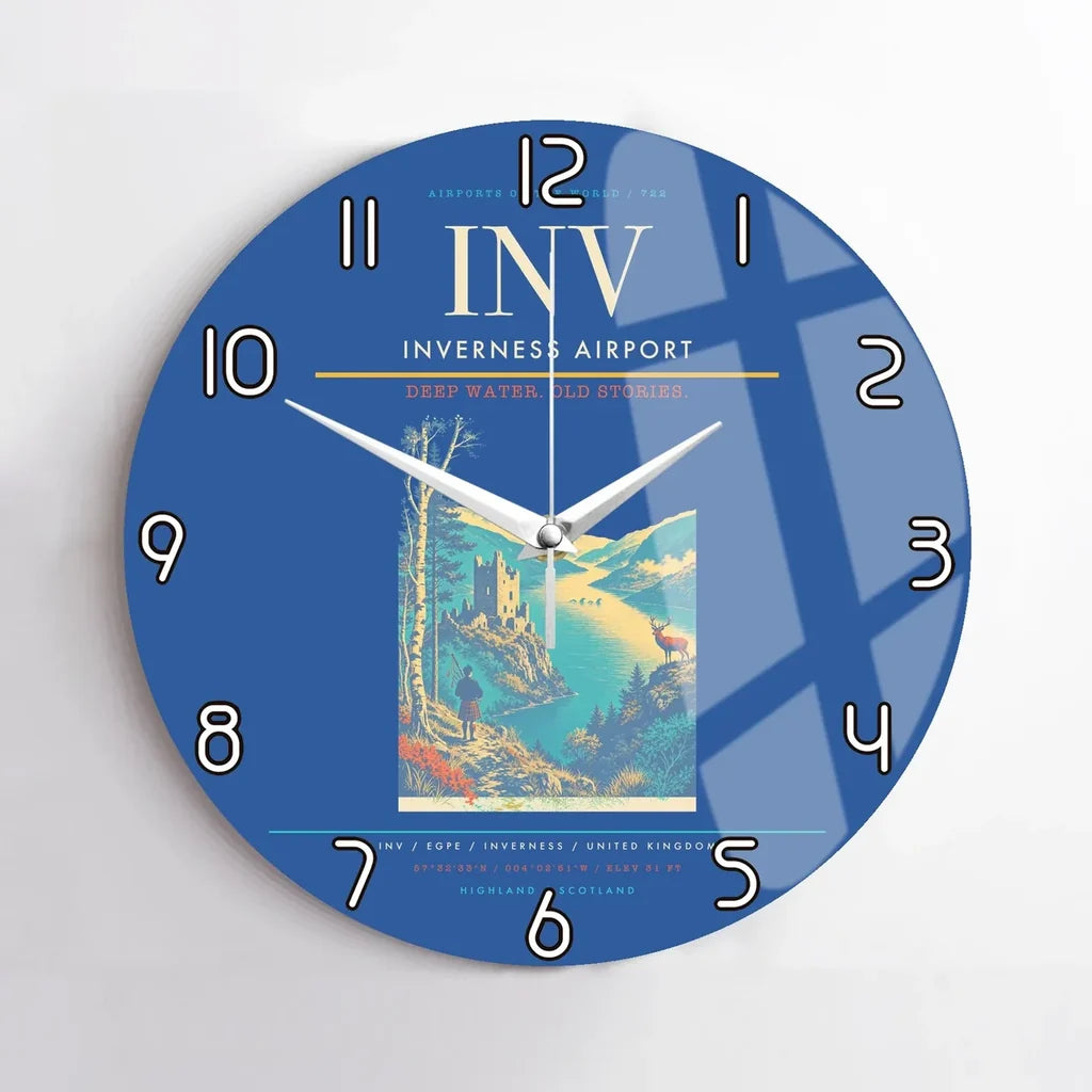 Inverness Airport (INV) design on blue no frame wall clock