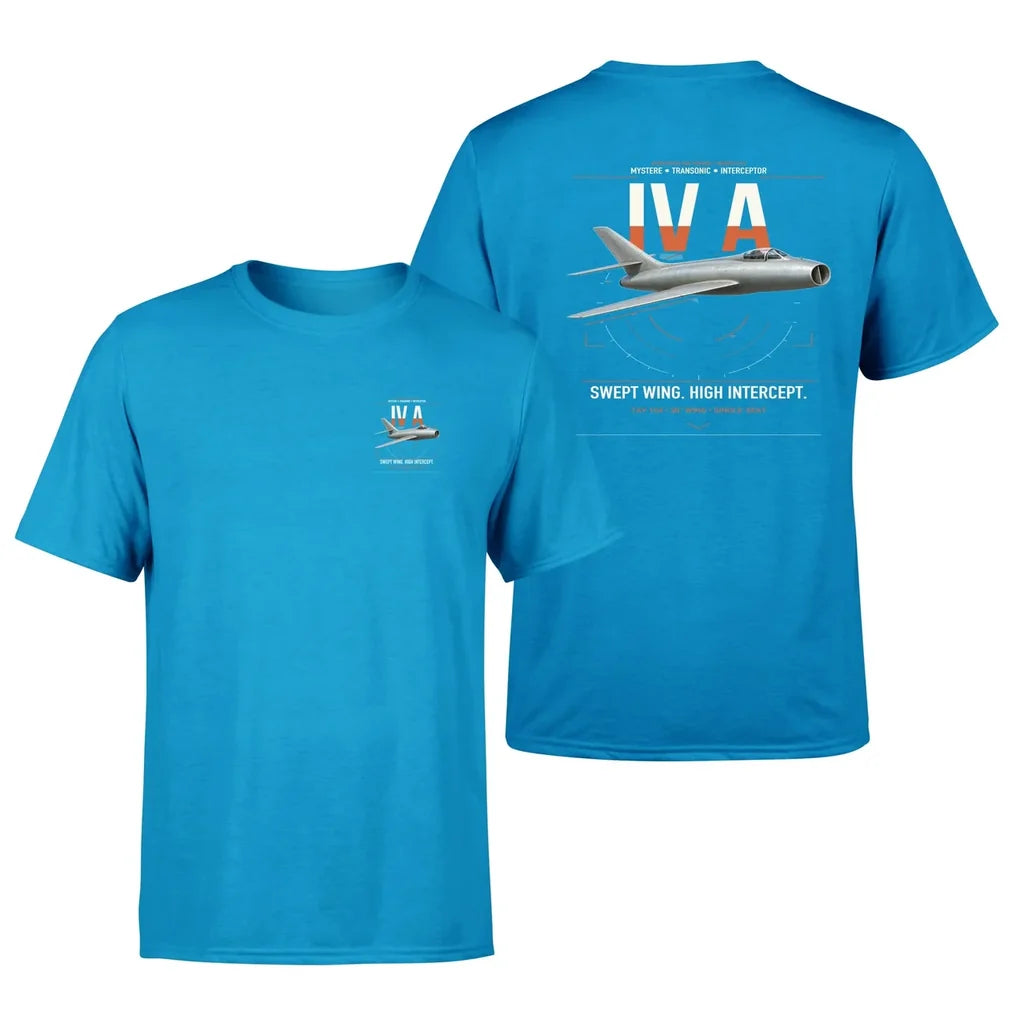 Dassault Mystère IV A design on turquoise t-shirt, double-side print