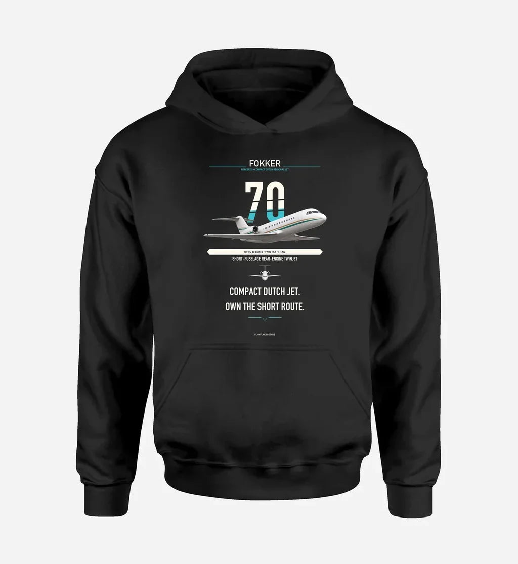Fokker 70 design on black double-side hoodie, single-side print