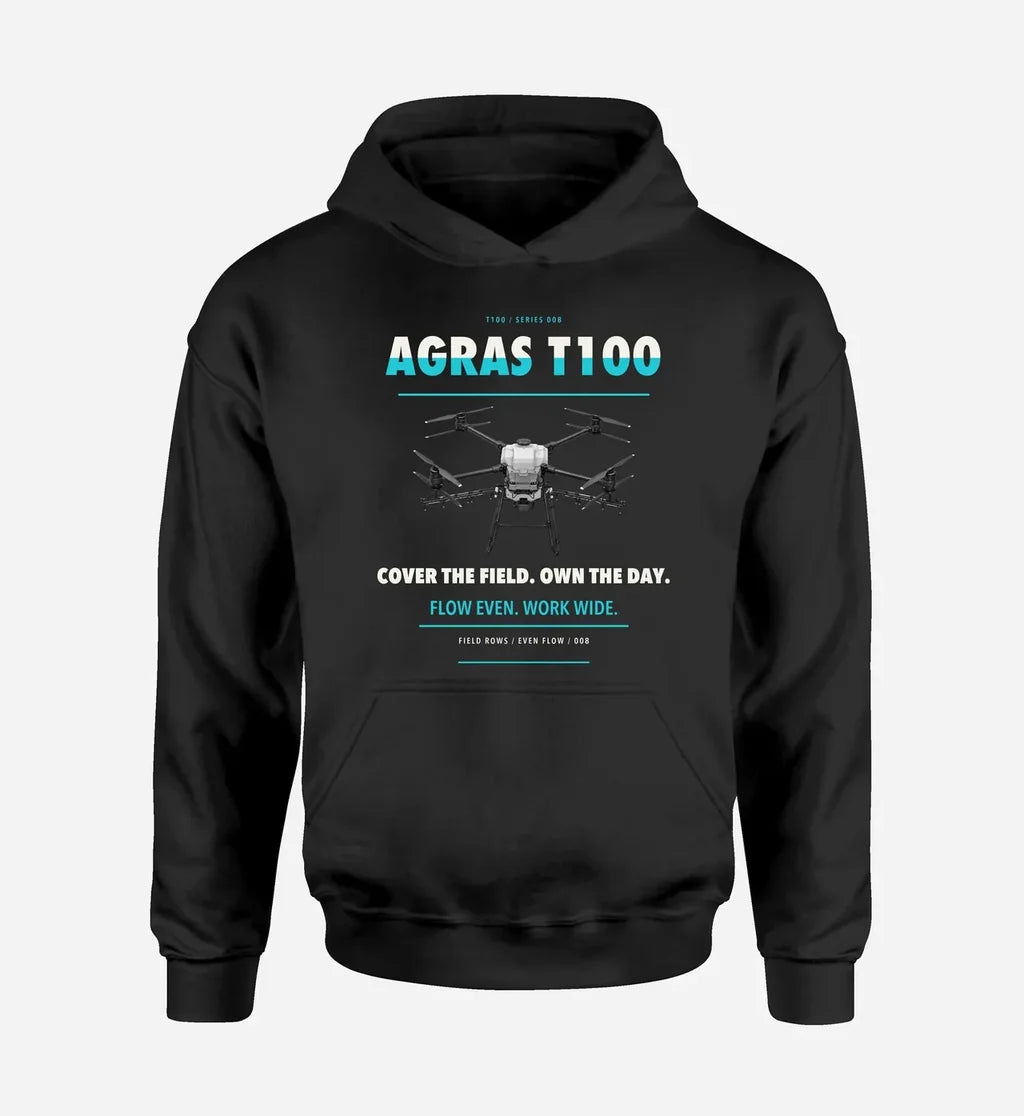 DJI Agras T100 design on black hoodie single side