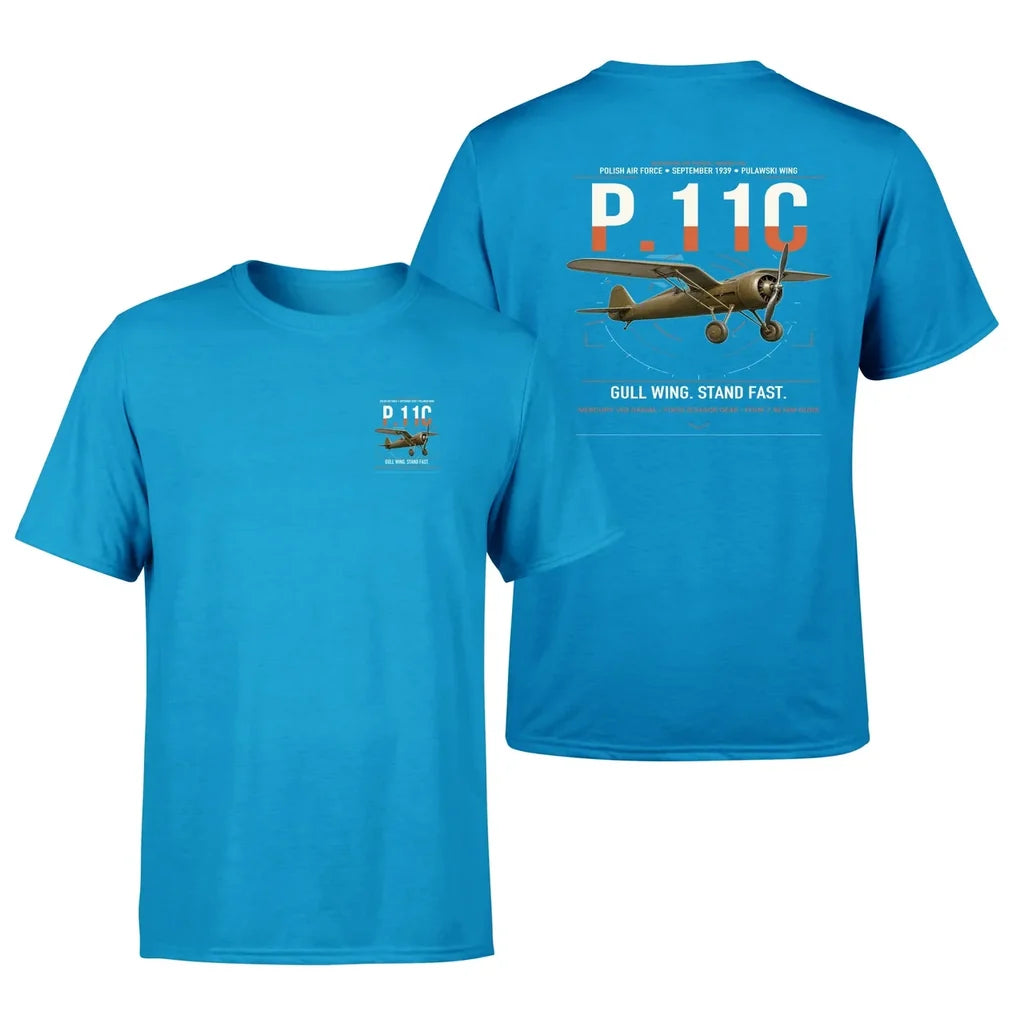 PZL P.11c design on turquoise t-shirt, double-side print