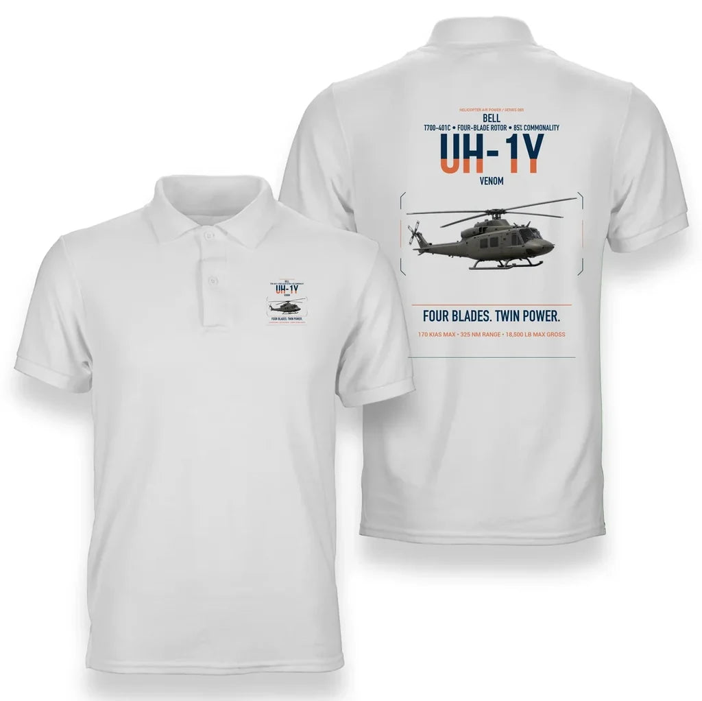 Bell UH-1Y Venom design on white double-side polo t-shirt, double-side print